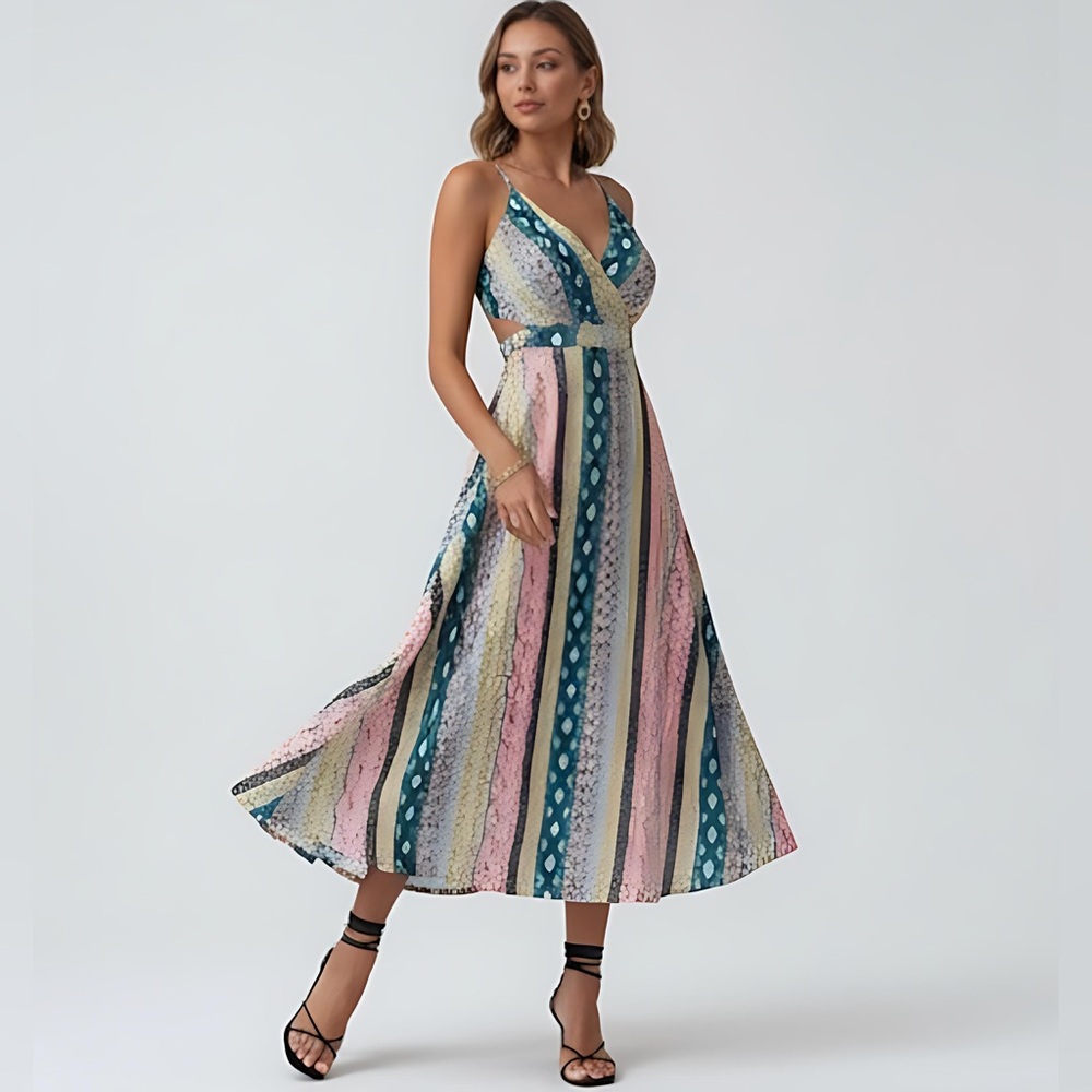 Boho Floral & Geo Print Backless Wrap Split Thigh Dress. - Picture 6 of 12